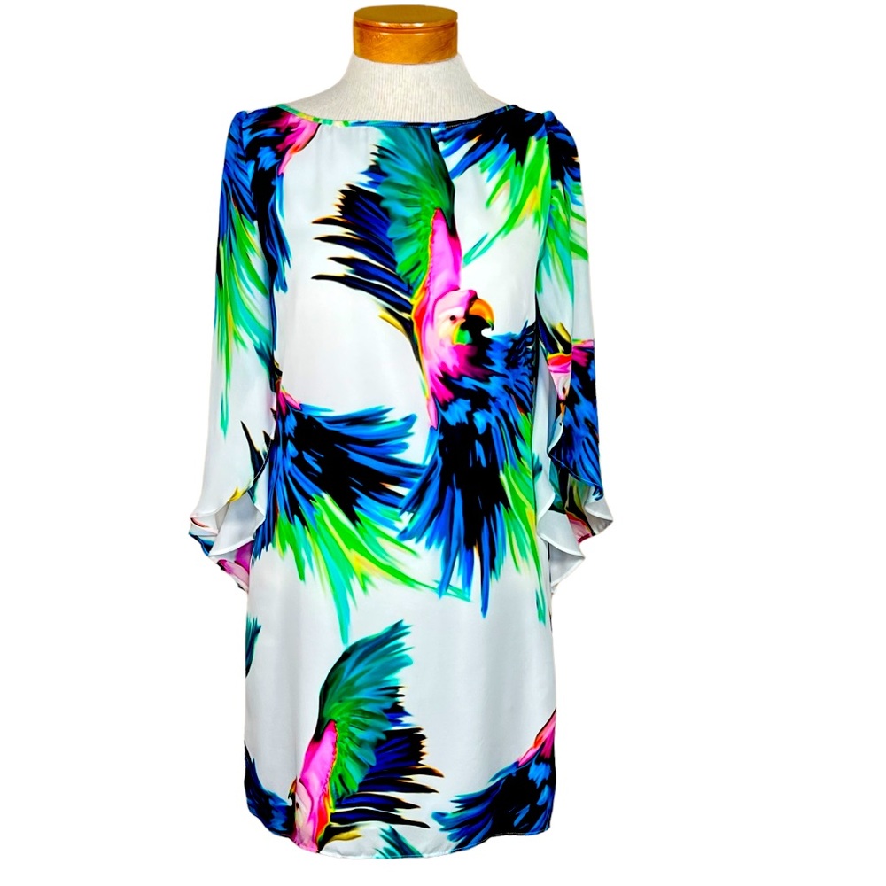 Milly Gorgeous Silk Parrot Dress With Butterfly Sleeves Vibrant Colors Lined 4